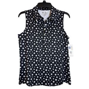 Lillie Green Small Sleeveless Print Polo Shirt Black White Flowers Scalloped Hem